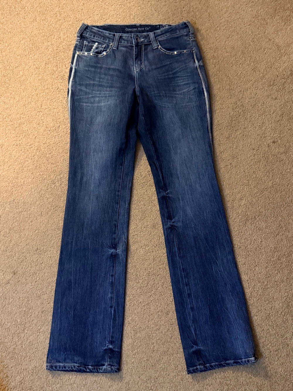 Cowgirl Tuff Co Dark Blue Flare Jeans with Side Stripe